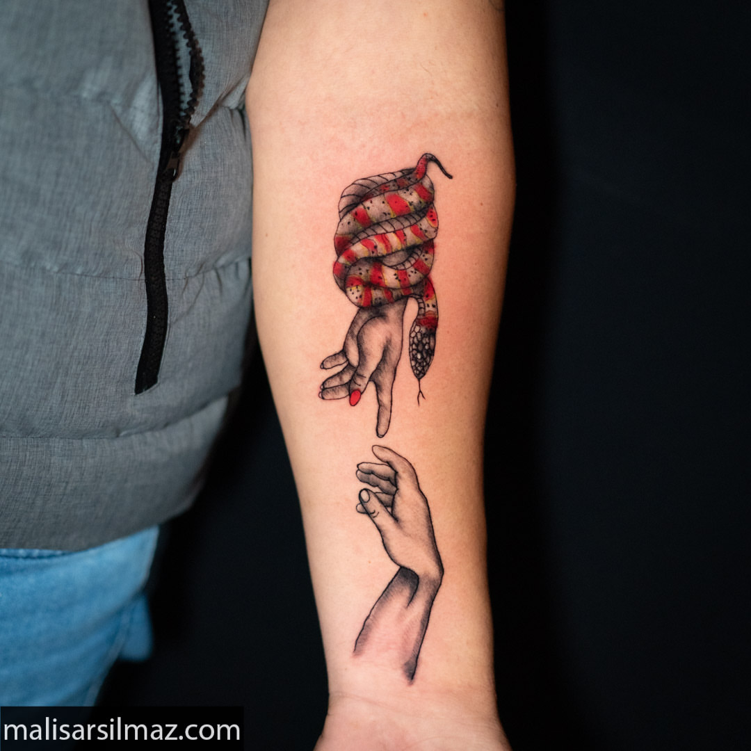 Snake and hands realism tattoo on the forearm by Mali Sarsılmaz, Nicosia, Cyprus