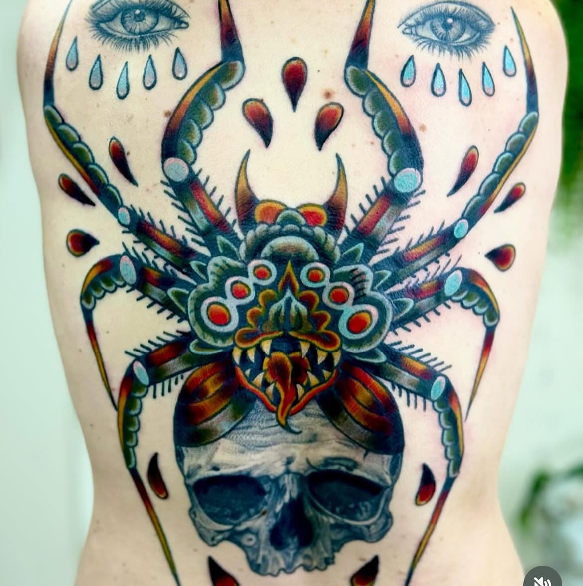 Spider skull American traditional tattoo on the thigh by William Worley