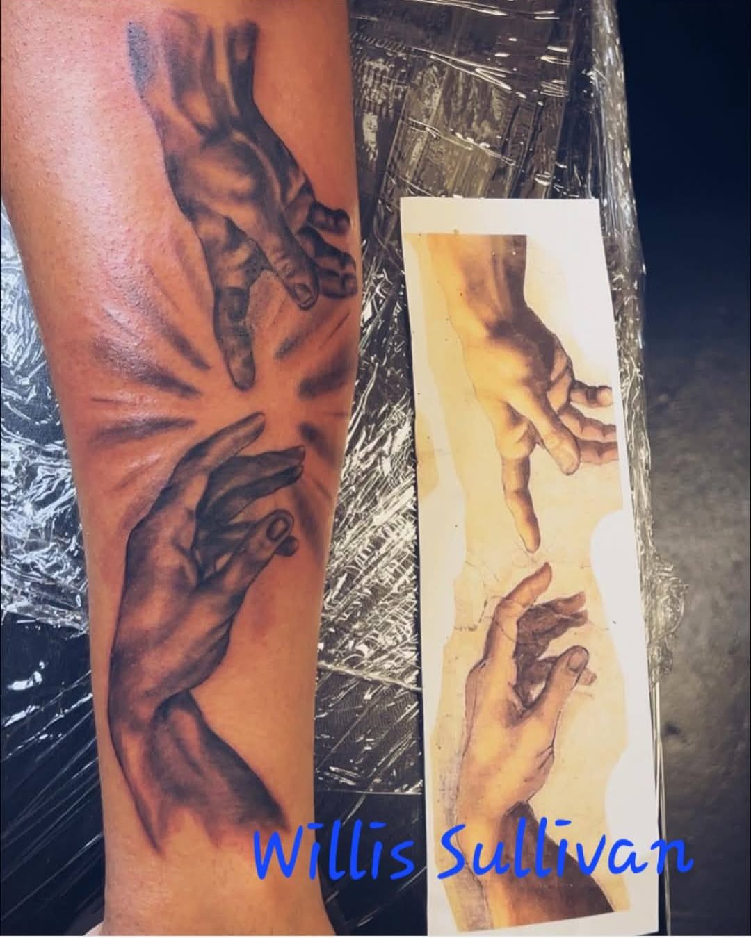Hands reaching realism tattoo on the forearm by Germaine Sherman