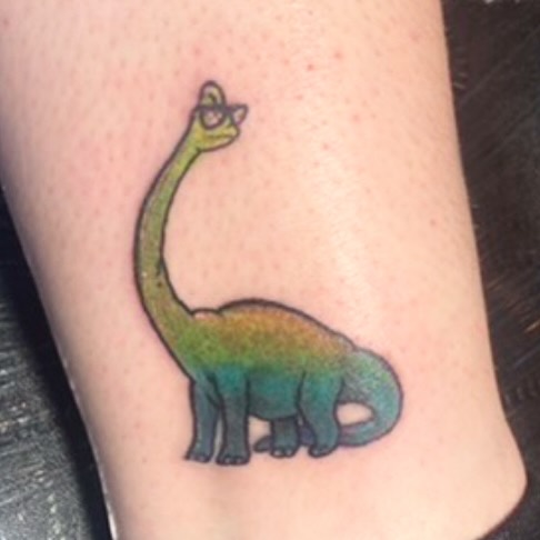 Brontosaurus new school tattoo on the forearm by Madeline, Akron, Ohio