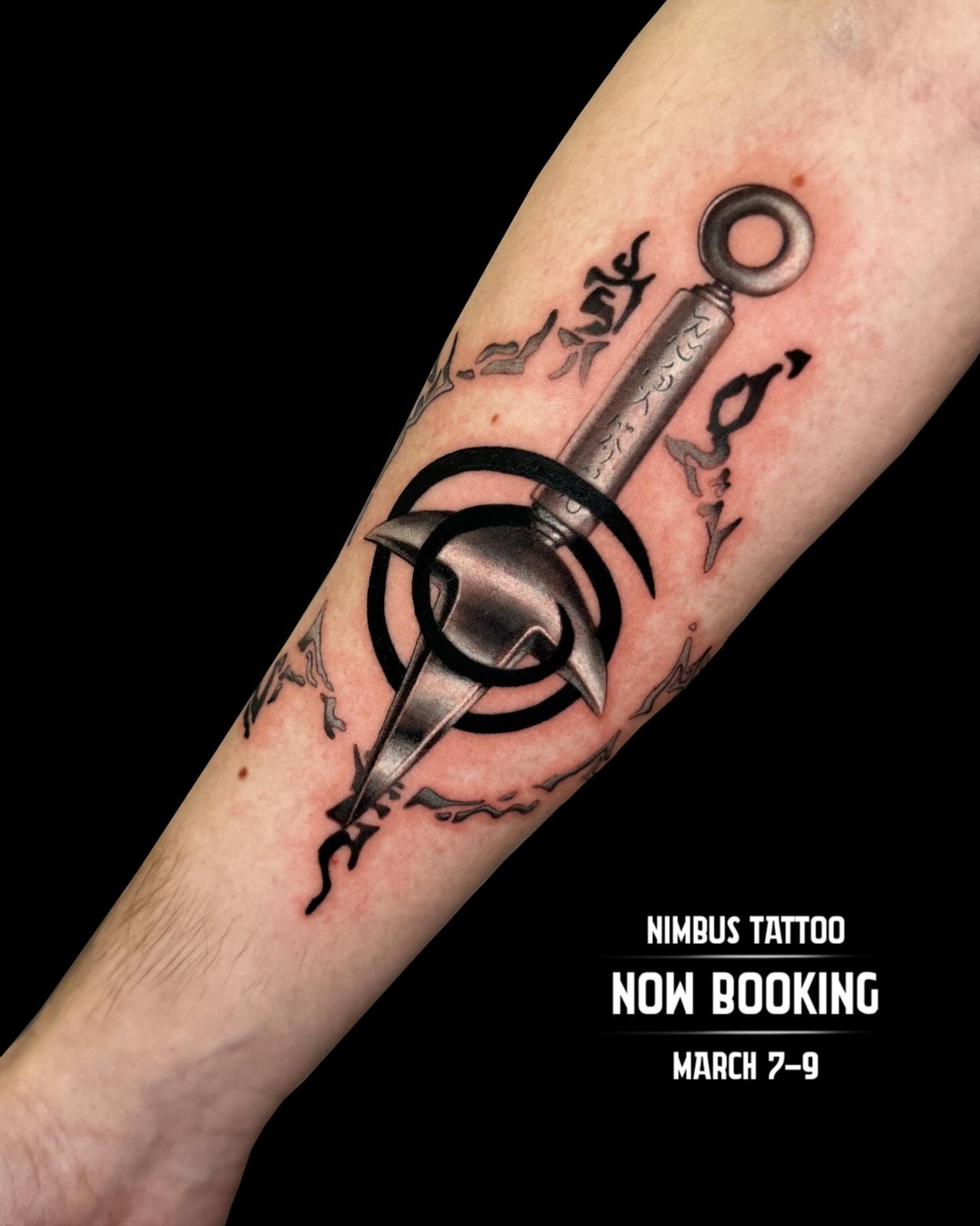 Throwing star black and grey tattoo on the forearm by Mel