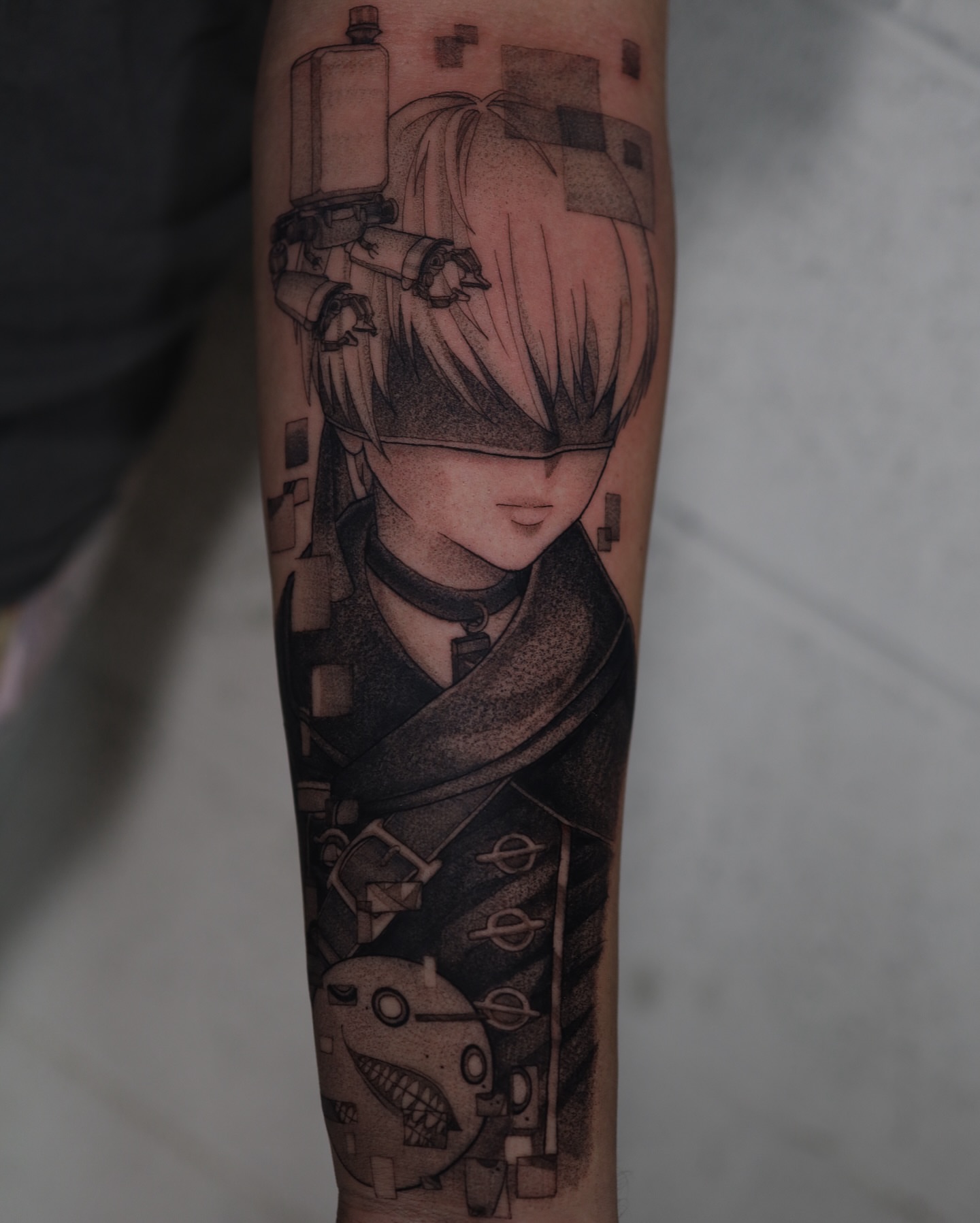 Anime character dotwork tattoo on the forearm by Dana, Phoenix, Arizona