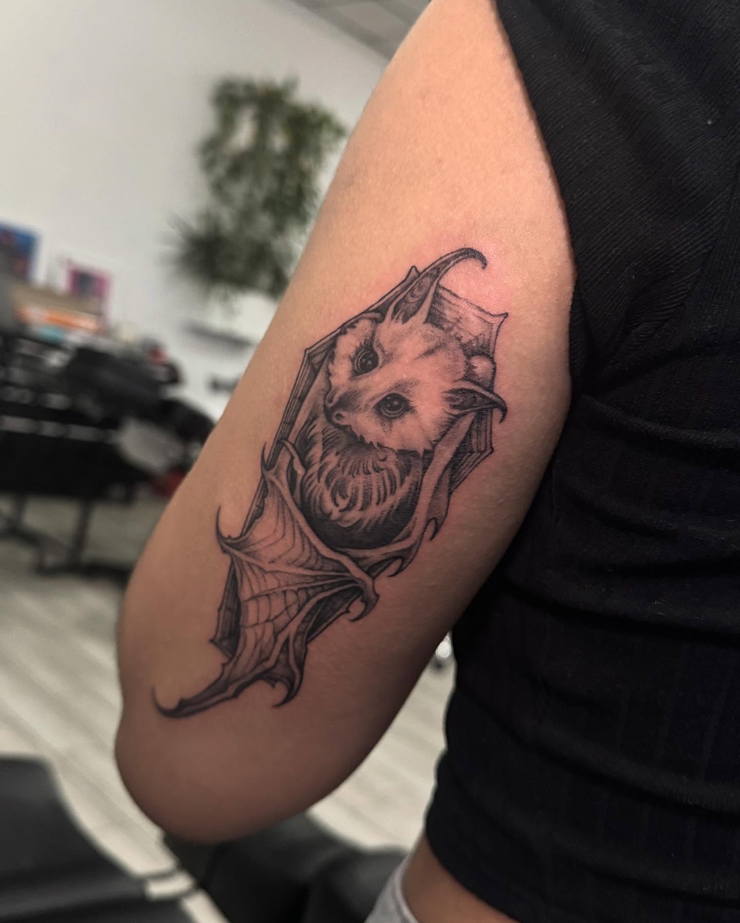 Bat black and grey tattoo on the forearm by dallas tattoo artist ๐ฒ๐ฝ bilingue