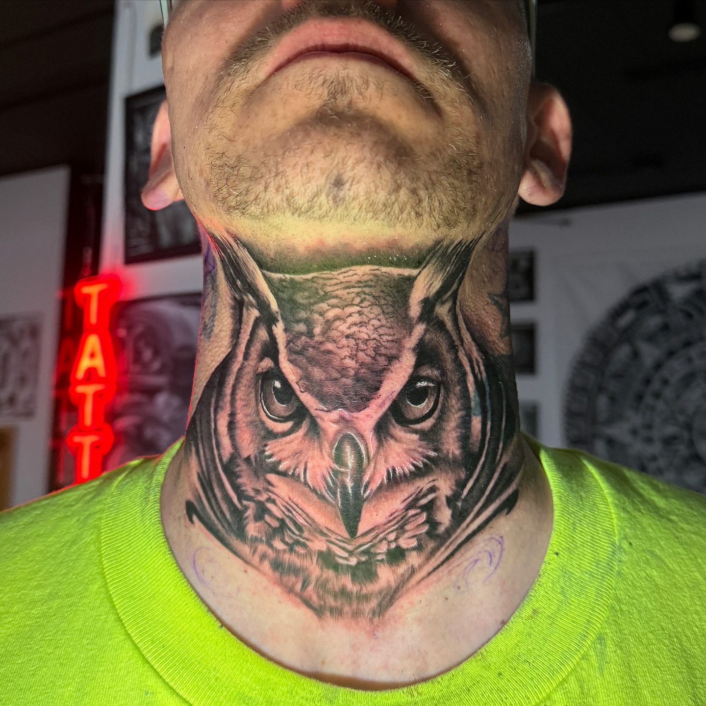 Owl realism tattoo on the neck by LOS