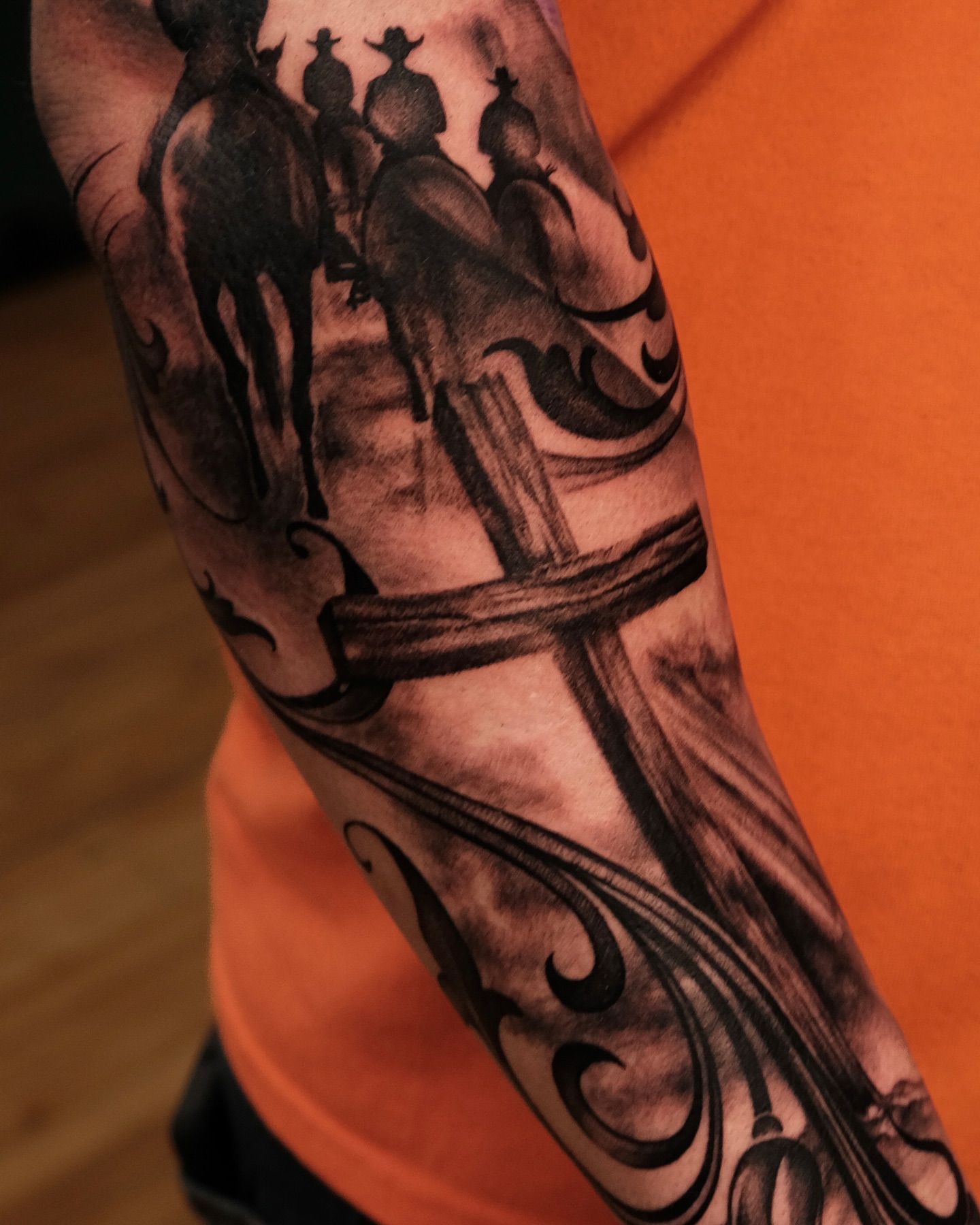 Cowboys on horses tribal tattoo on the forearm by Ohio Tattoo Artist - Tehya Maxwell, Springfield, Ohio