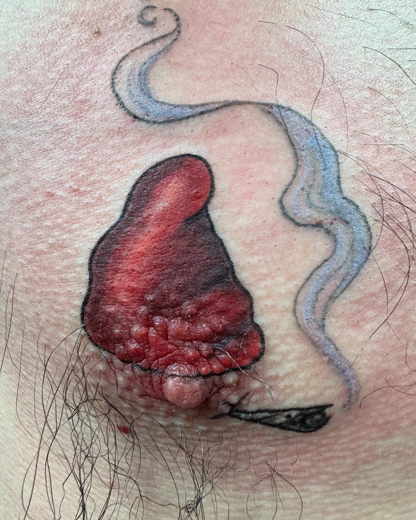 Smoking mushroom realism tattoo on the thigh by Columbus Tattoo Artist