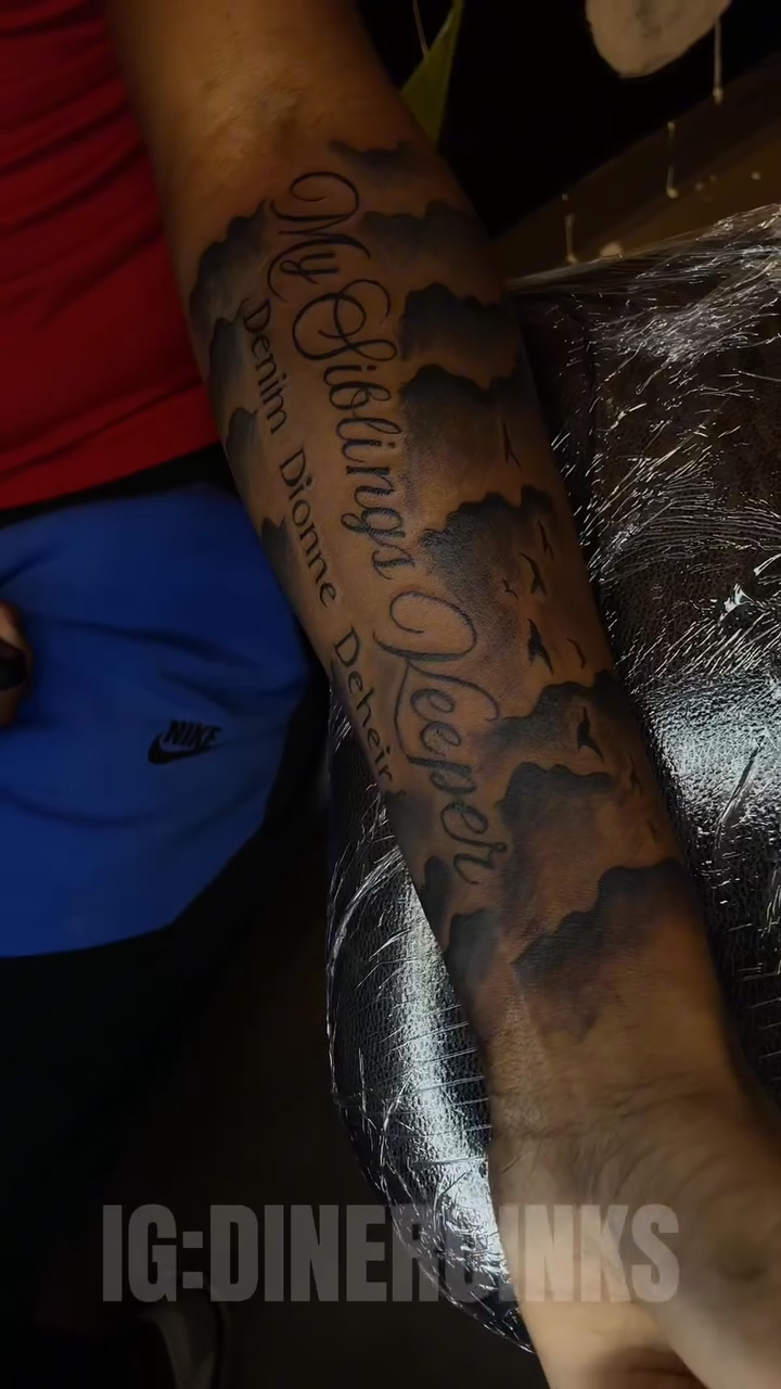 My Siblings Keeper lettering script tattoo by Dinero Inks