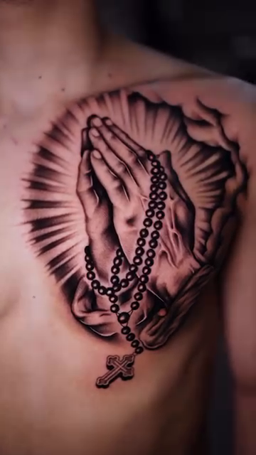 Praying hands with rosary realism tattoo by Esto