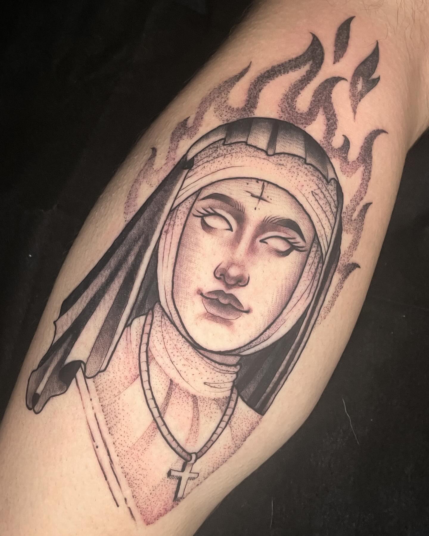 Religious nun dotwork tattoo on the forearm by Amanda Marie, Edmonds, Washington