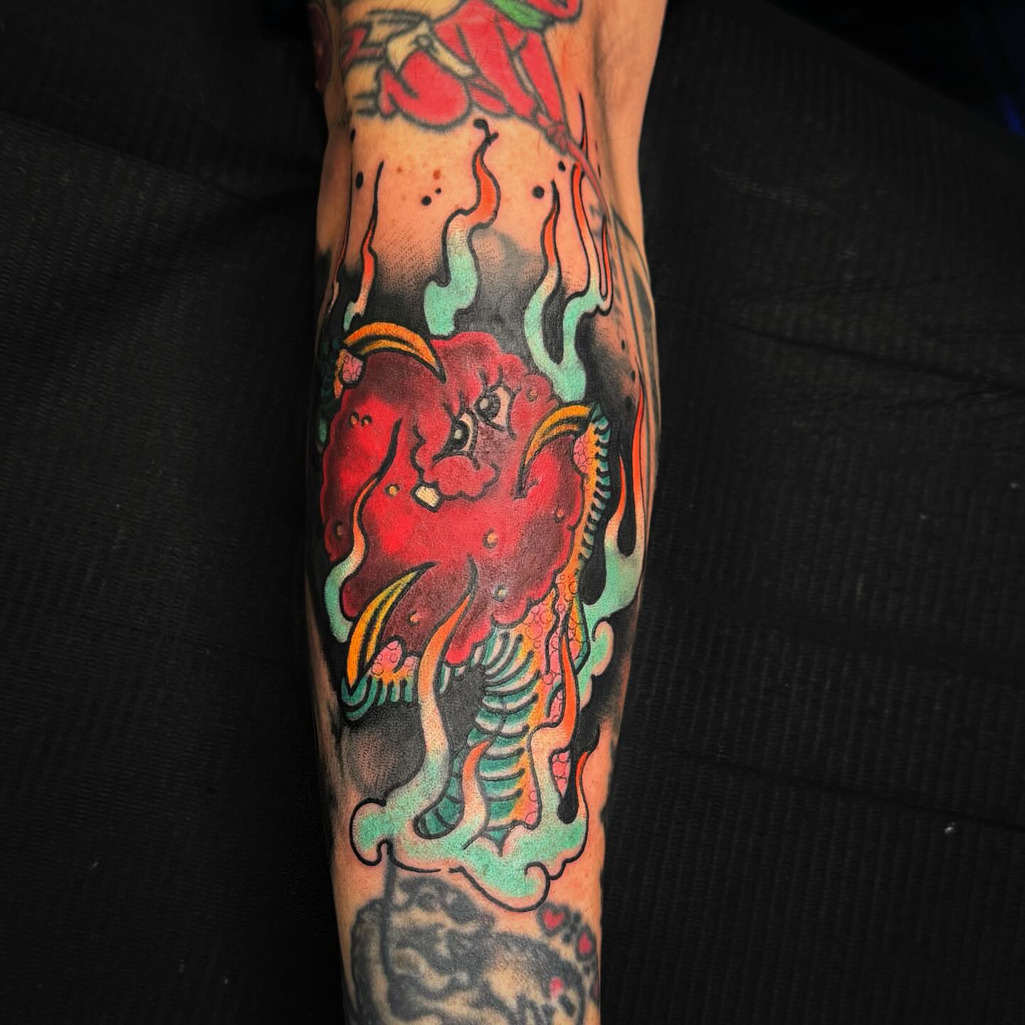 Demon American traditional tattoo on the forearm by Jacie Aasen-Lupino