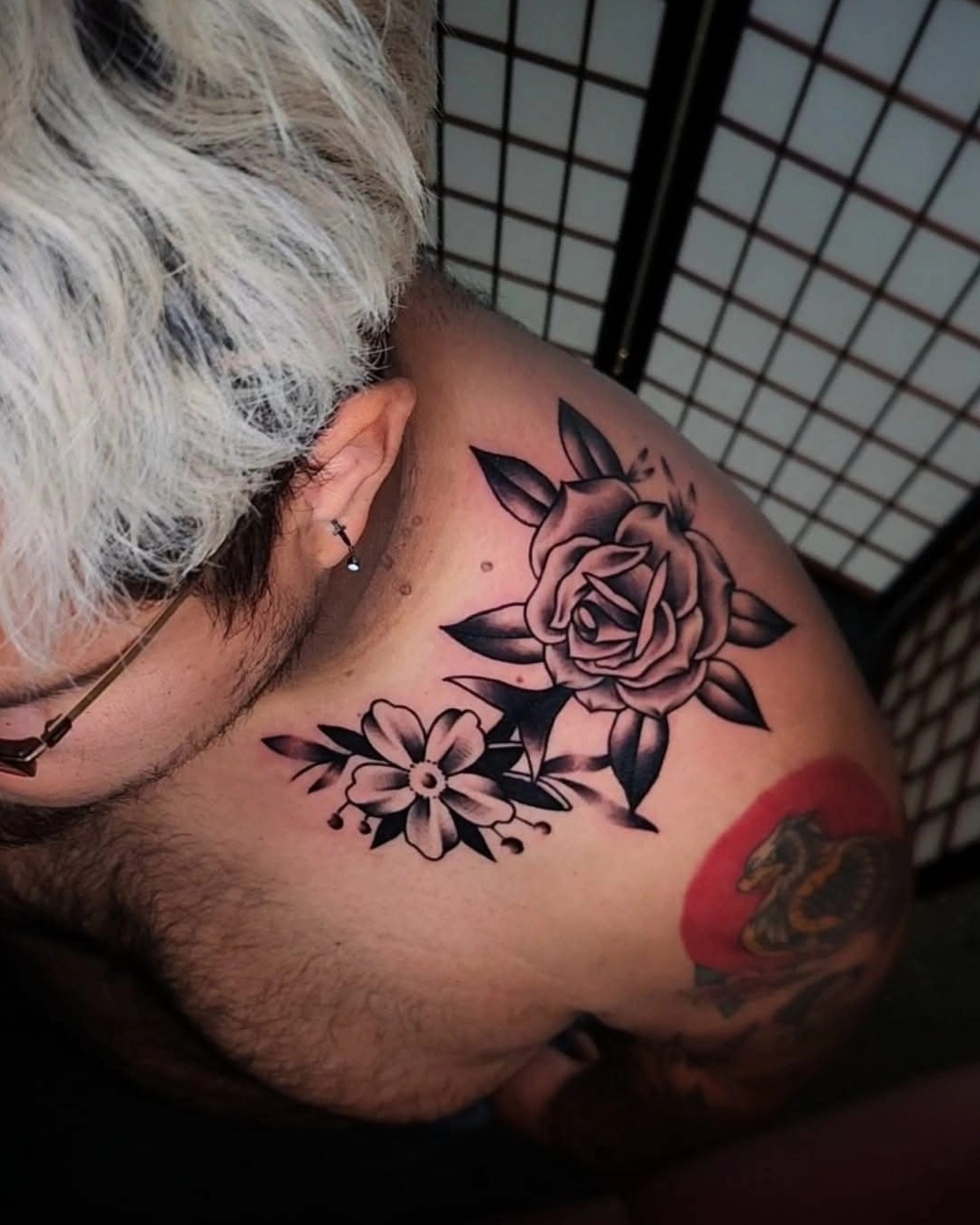 Rose and flower black and grey tattoo on the shoulder by ⚔️ Shane ⚔️