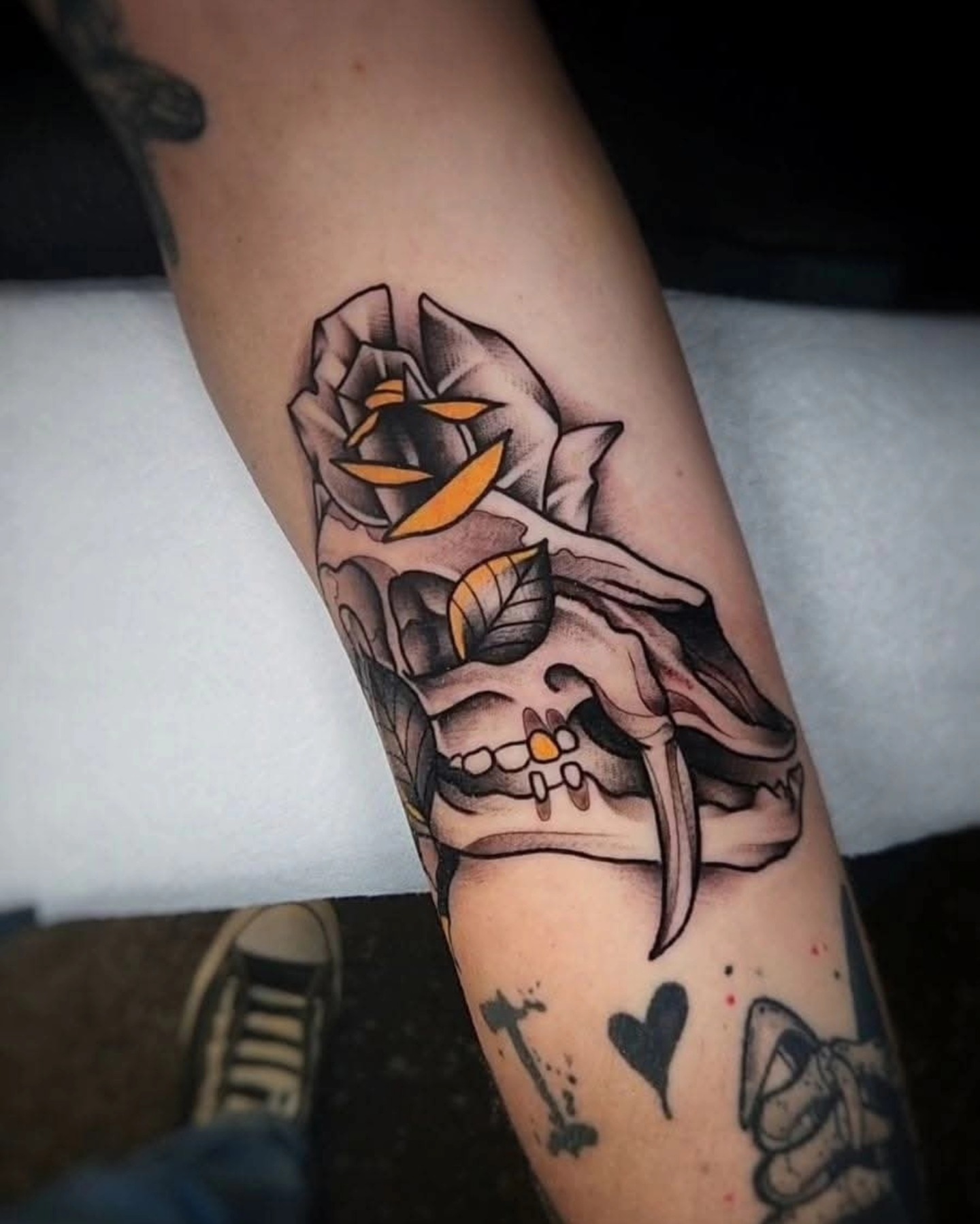 Skull and rose American traditional tattoo on the forearm by ⚔️ Shane ⚔️