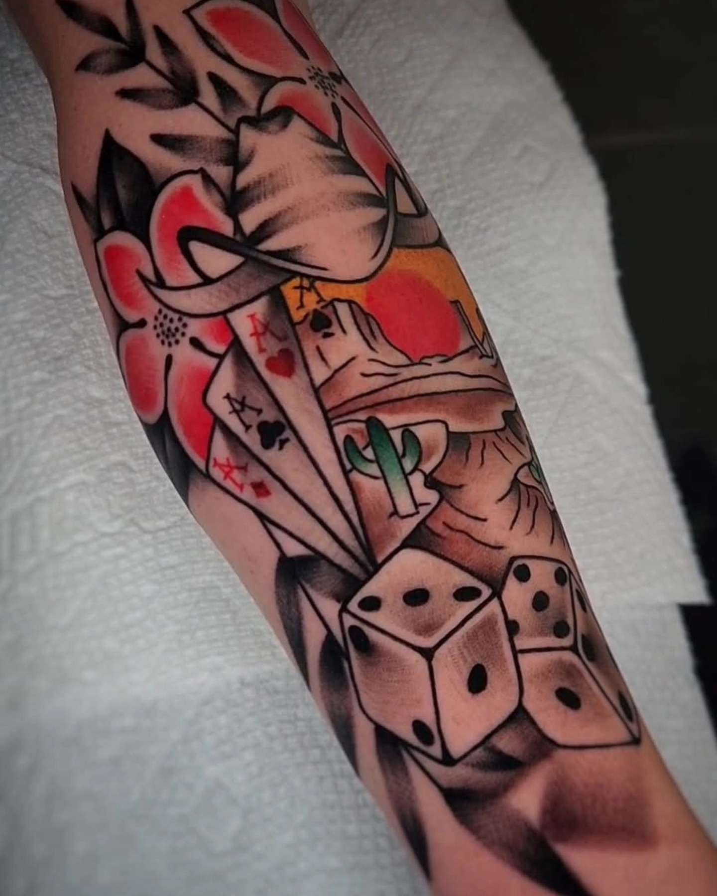 Poker theme American traditional tattoo on the forearm by ⚔️ Shane ⚔️
