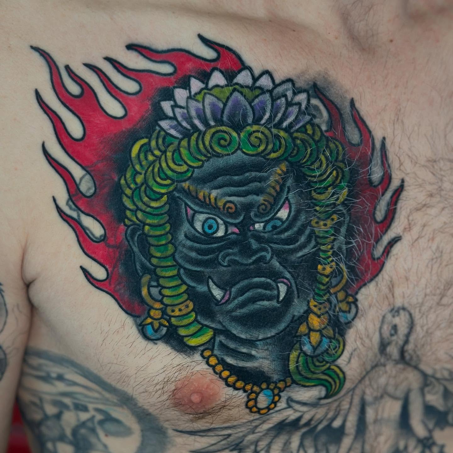 Demon head japanese irezumi tattoo on the chest by David Steed, Dallas, Texas