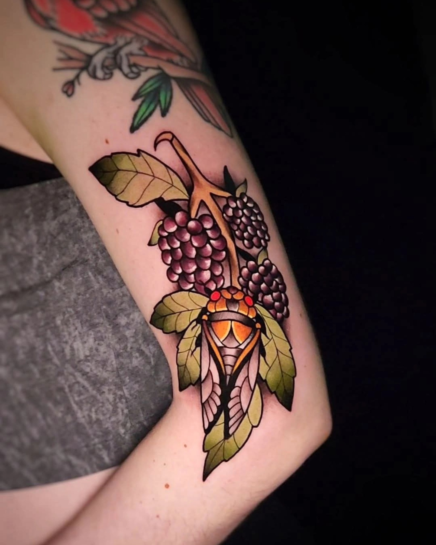 Grapes and leaves American traditional tattoo on the forearm by ⚔️ Shane ⚔️