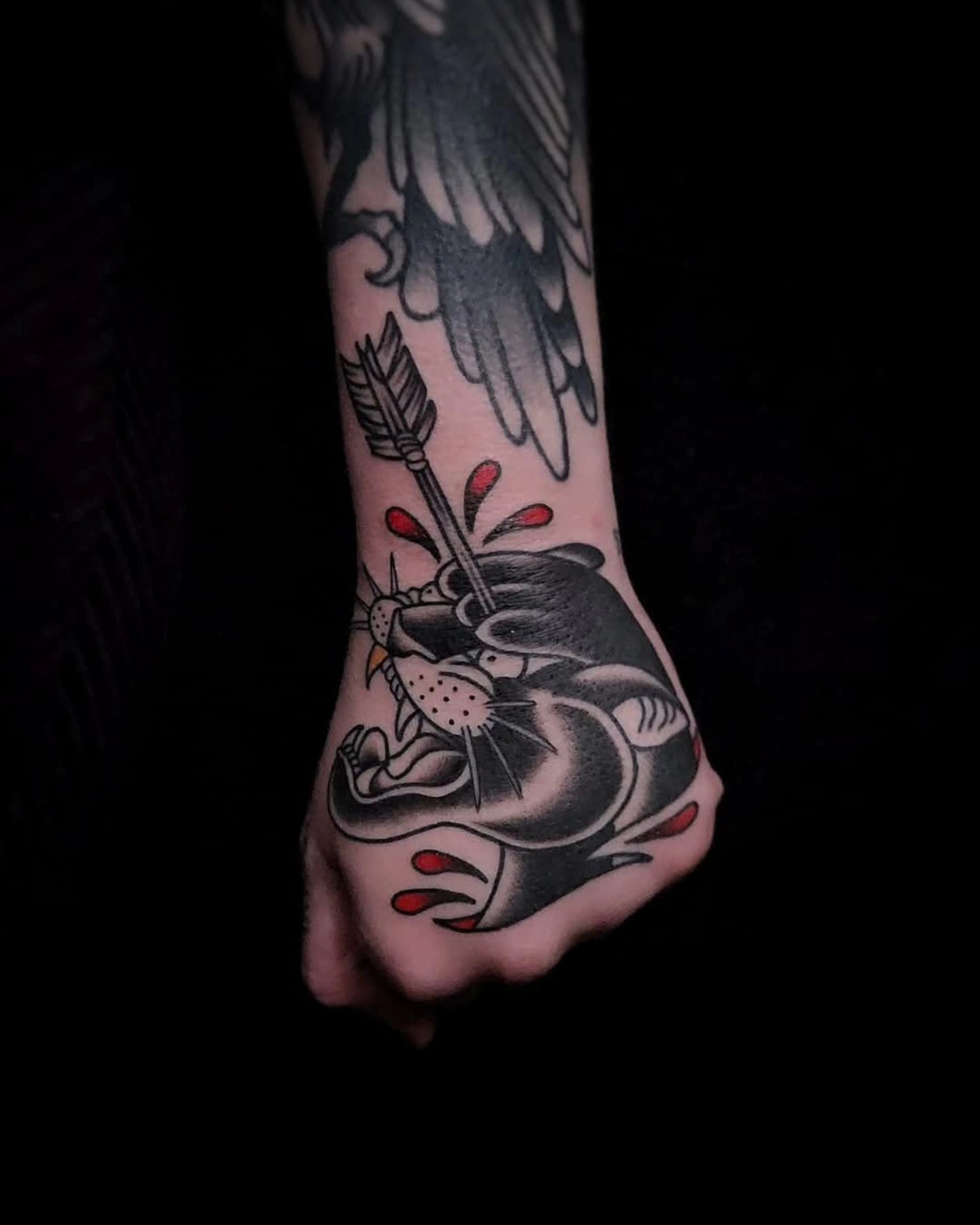 Cat with arrow American traditional tattoo on the forearm by ⚔️ Shane ⚔️