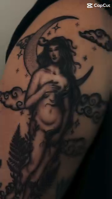 Woman under moon realism tattoo by Ryan Walker