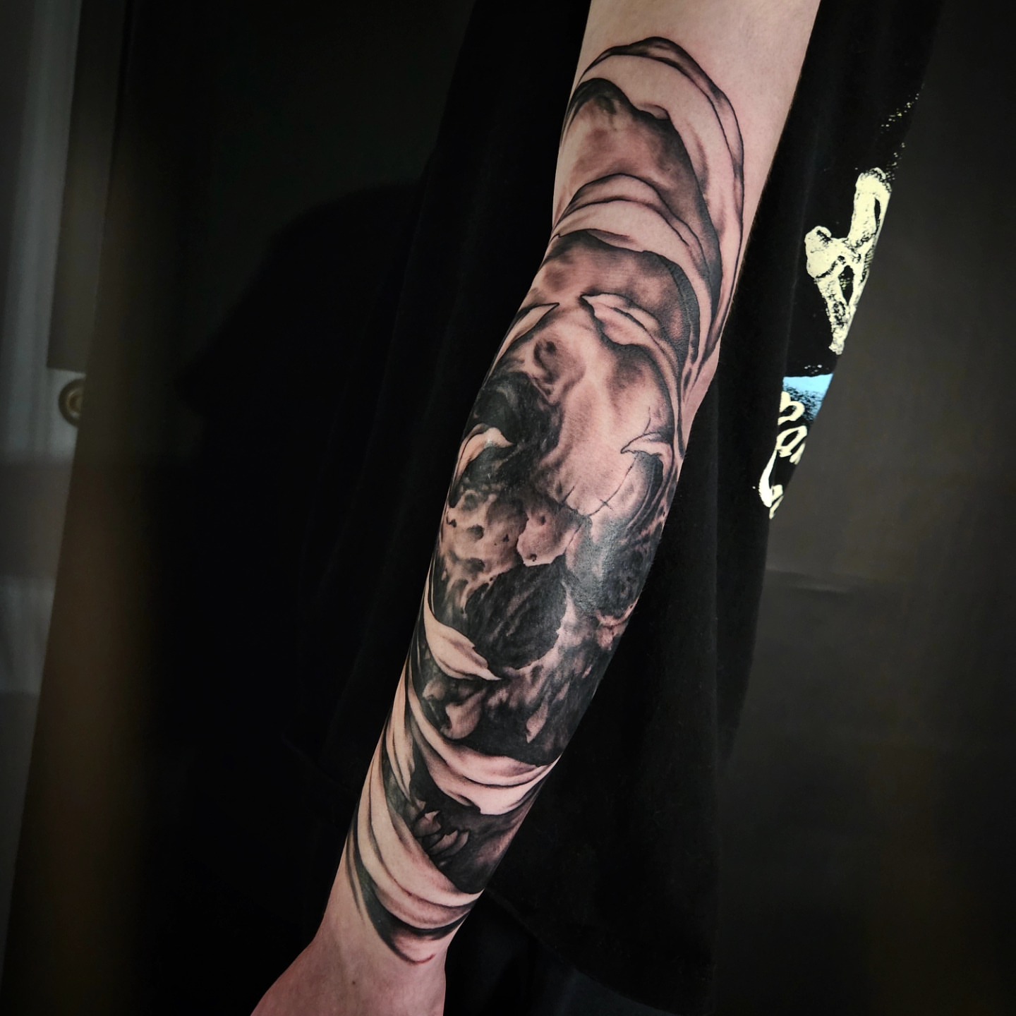 Abstract black and grey tattoo on the forearm by Chicagoland Tattoo artist - Dany Rojas