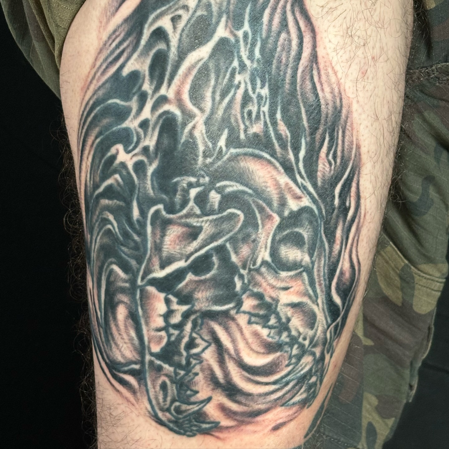 Tattoo by @xwoodlandcorex — black_and_grey, dark_realism