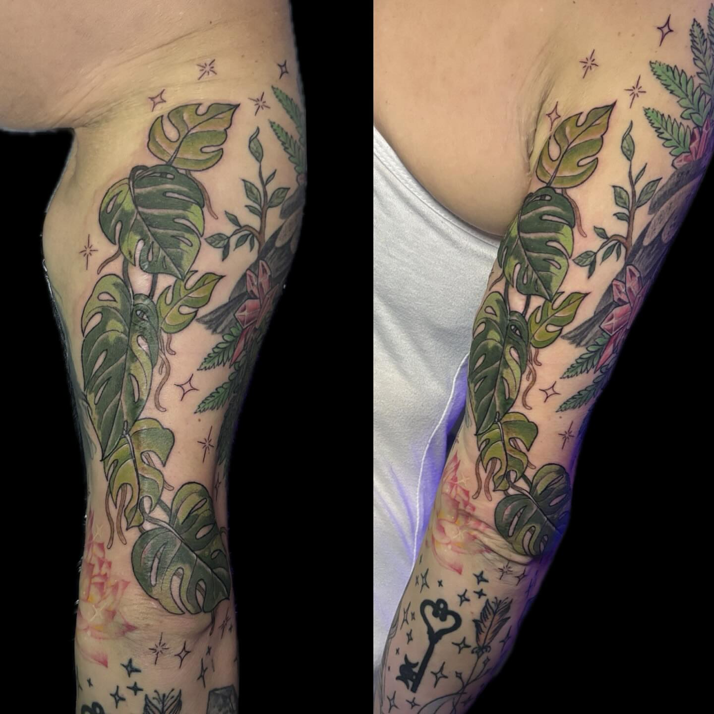 Monstera leaves new school tattoo on the forearm by 🖤Sabrina Ryan🖤