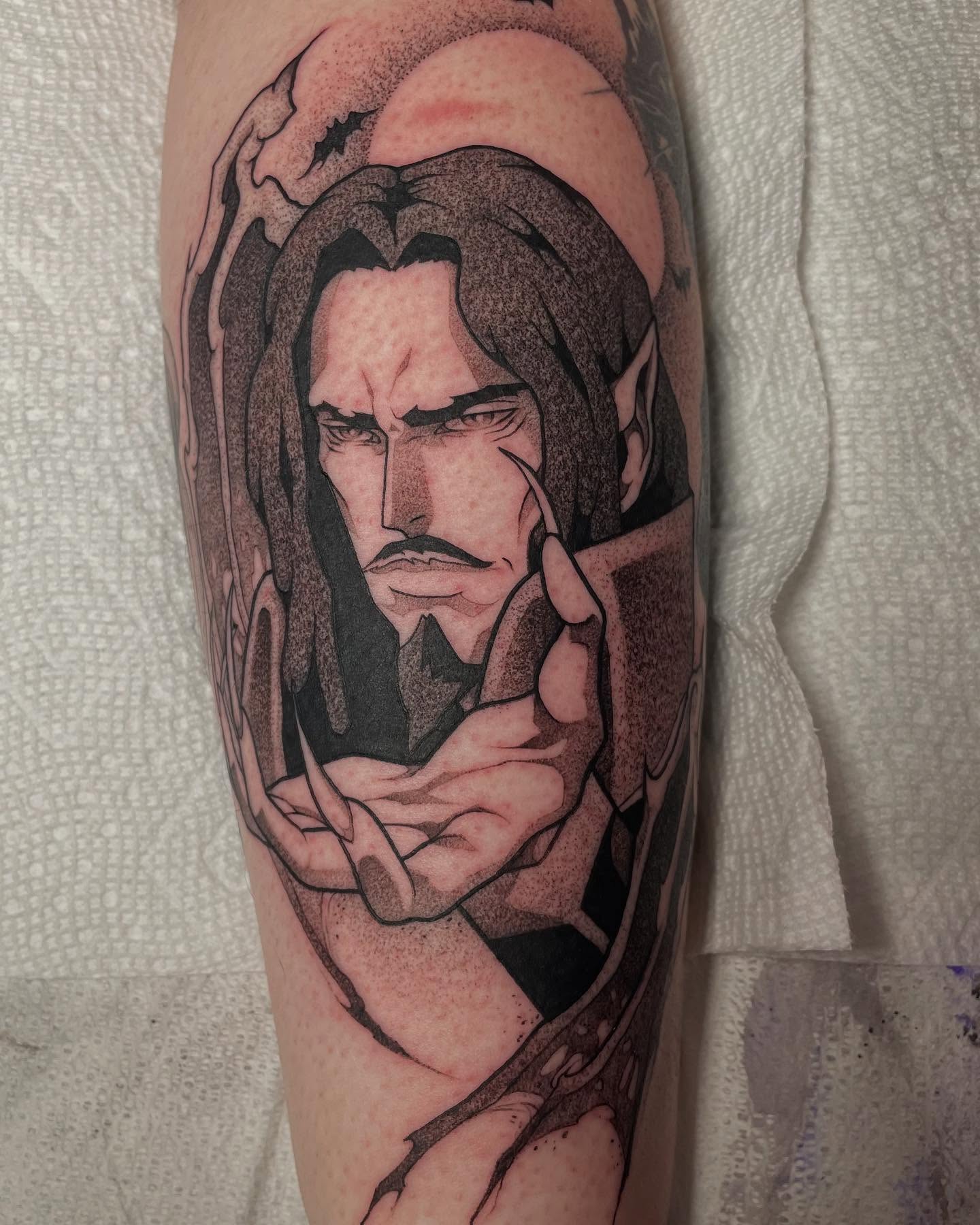 Man with long hair dotwork tattoo on the forearm by Tayler Beetison