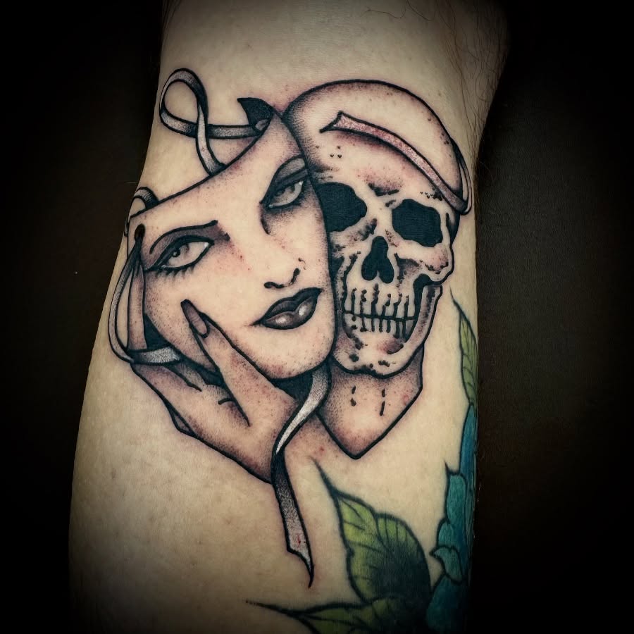 Woman and skull American traditional tattoo on the forearm by Kristen