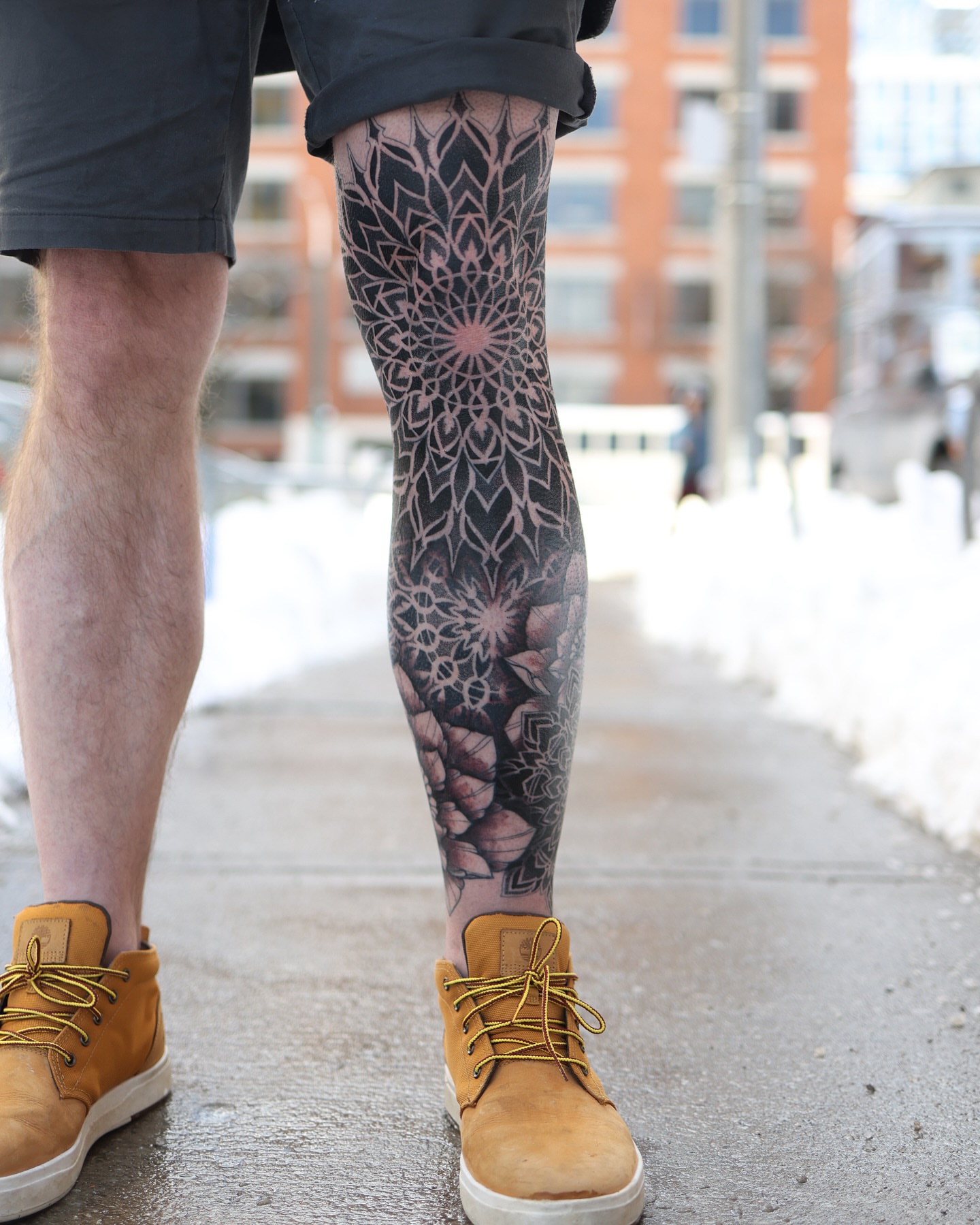 Geometric mandala geometric tattoo on the calf by Laure Conzales