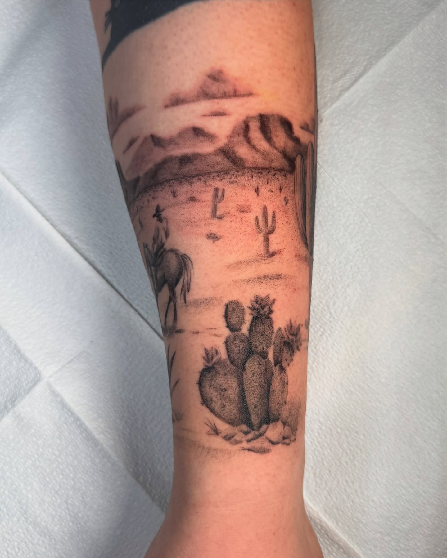 Desert landscape dotwork tattoo on the forearm by Truett Payton