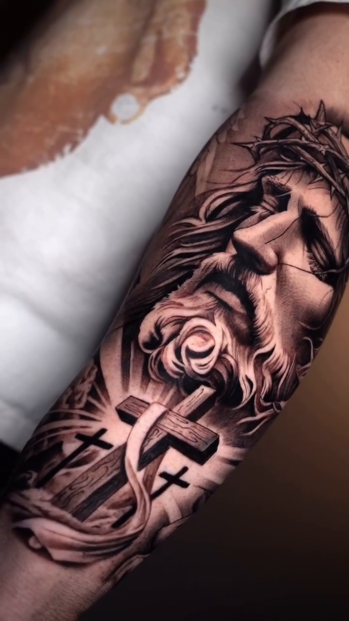Jesus Christ and an angel realism tattoo by Risa