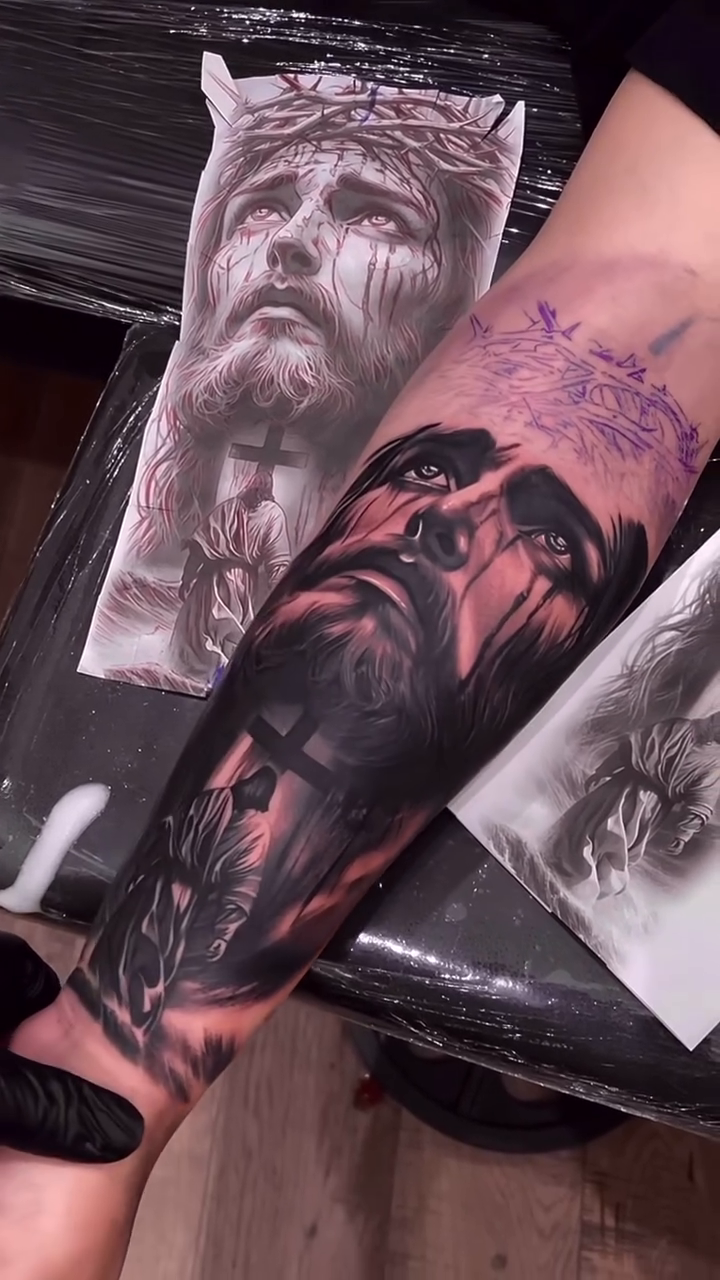 Jesus Christ with a raven realism tattoo by Erick Gutierrez, Las Vegas, Nevada