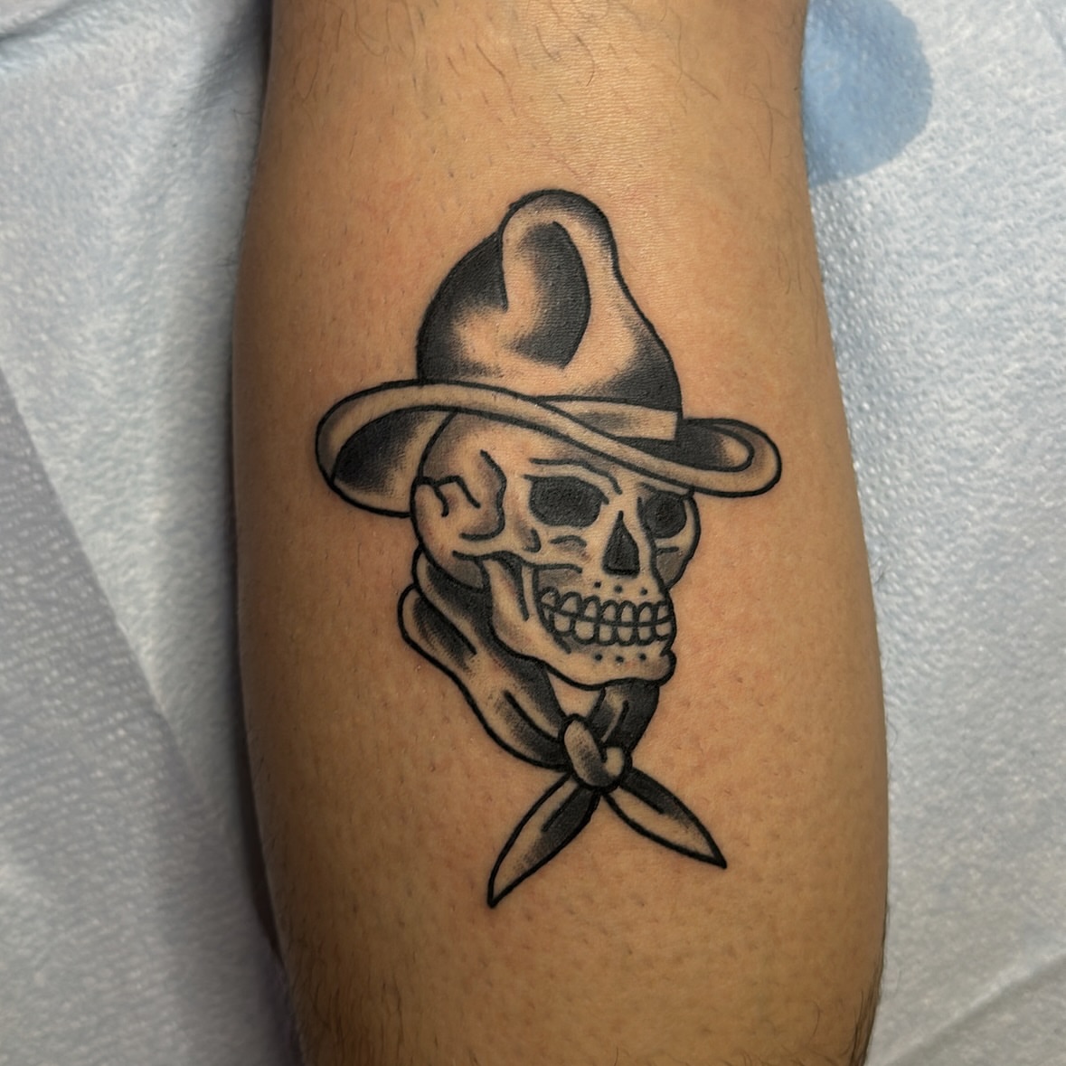 Cowboy skull black and grey tattoo on the forearm by Kyle O’Hara ॐ, Nashville, Tennessee