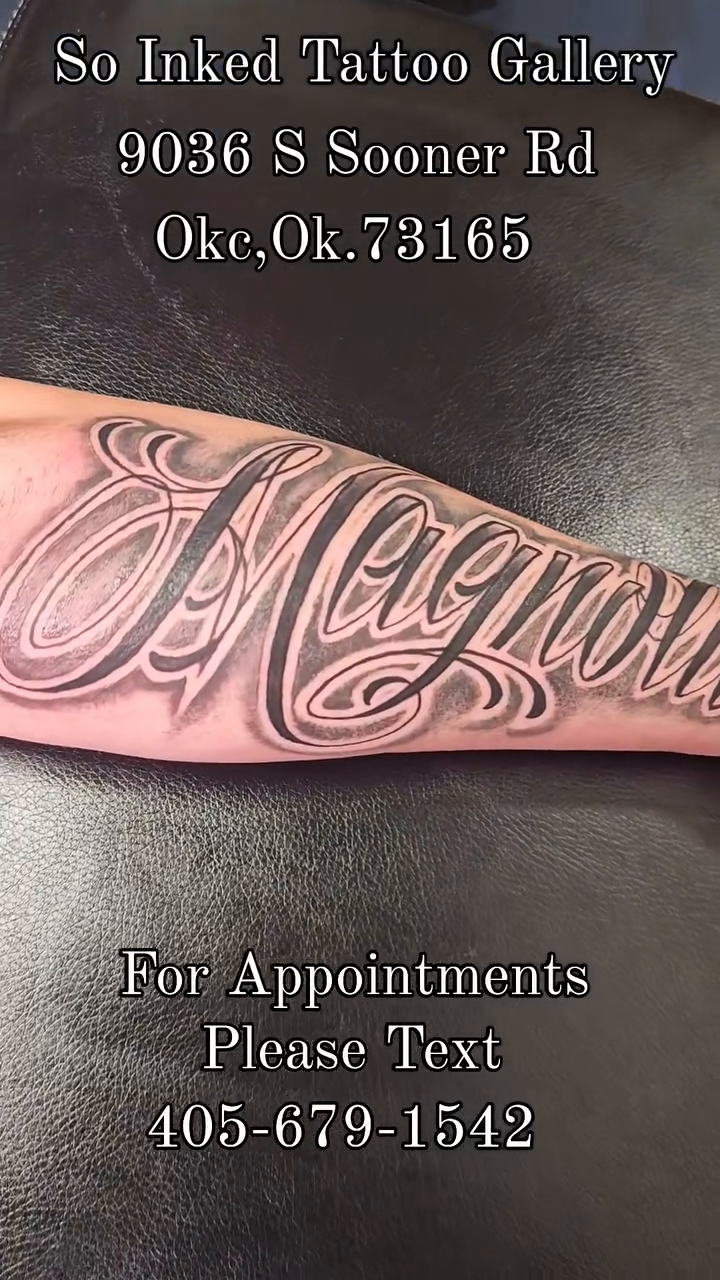 Magnolia script lettering script tattoo by Germaine Sherman