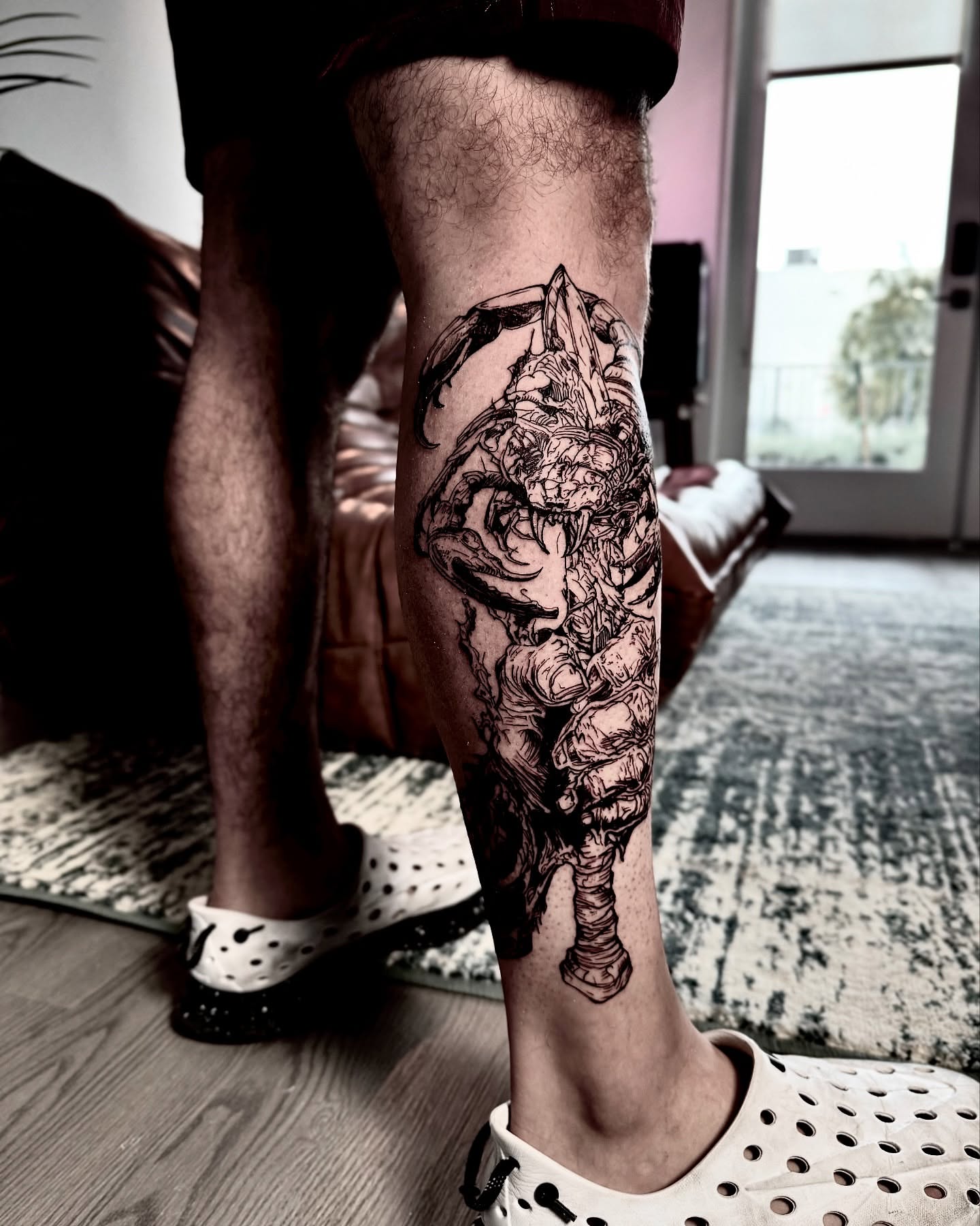 Samurai warrior realism tattoo on the calf by Bwk Dark Art