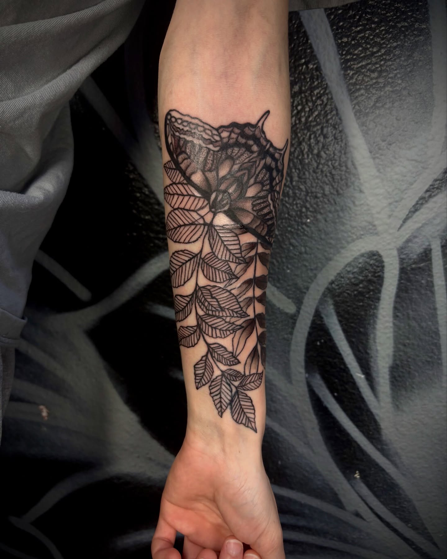 Botanical pattern black and grey tattoo on the forearm by Love 🥀 222