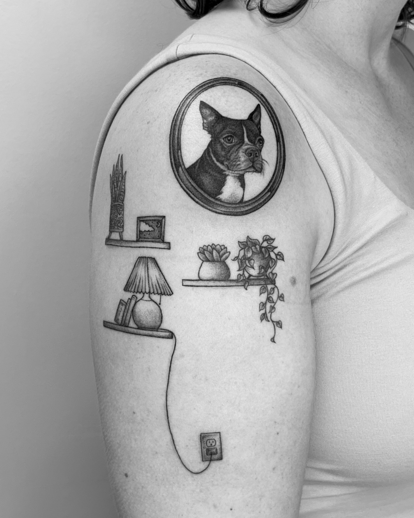 Dog portrait realism tattoo on the shoulder by ☆ Nashville Fine Line Tattoo Artist ☆