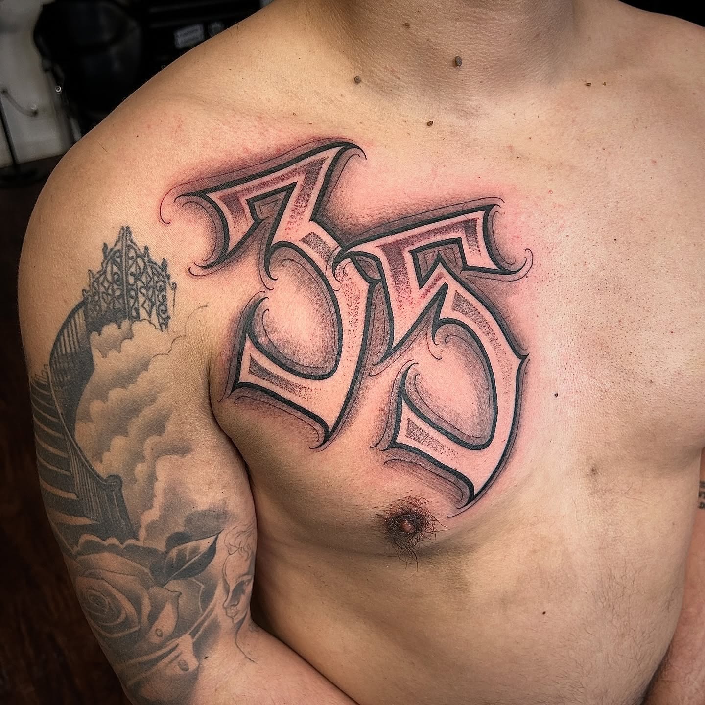 Lettering lettering script tattoo on the chest by $krypt