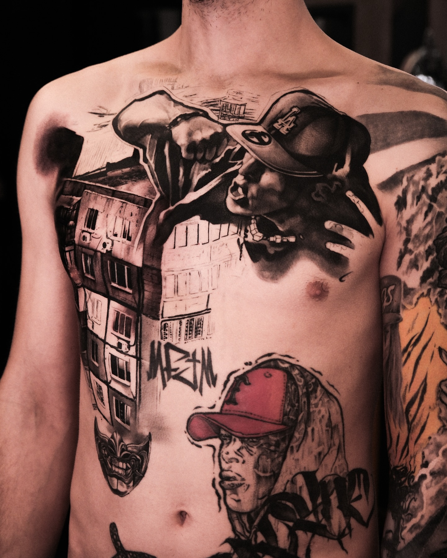 Urban street art realism tattoo on the chest by Anastasia Ritova