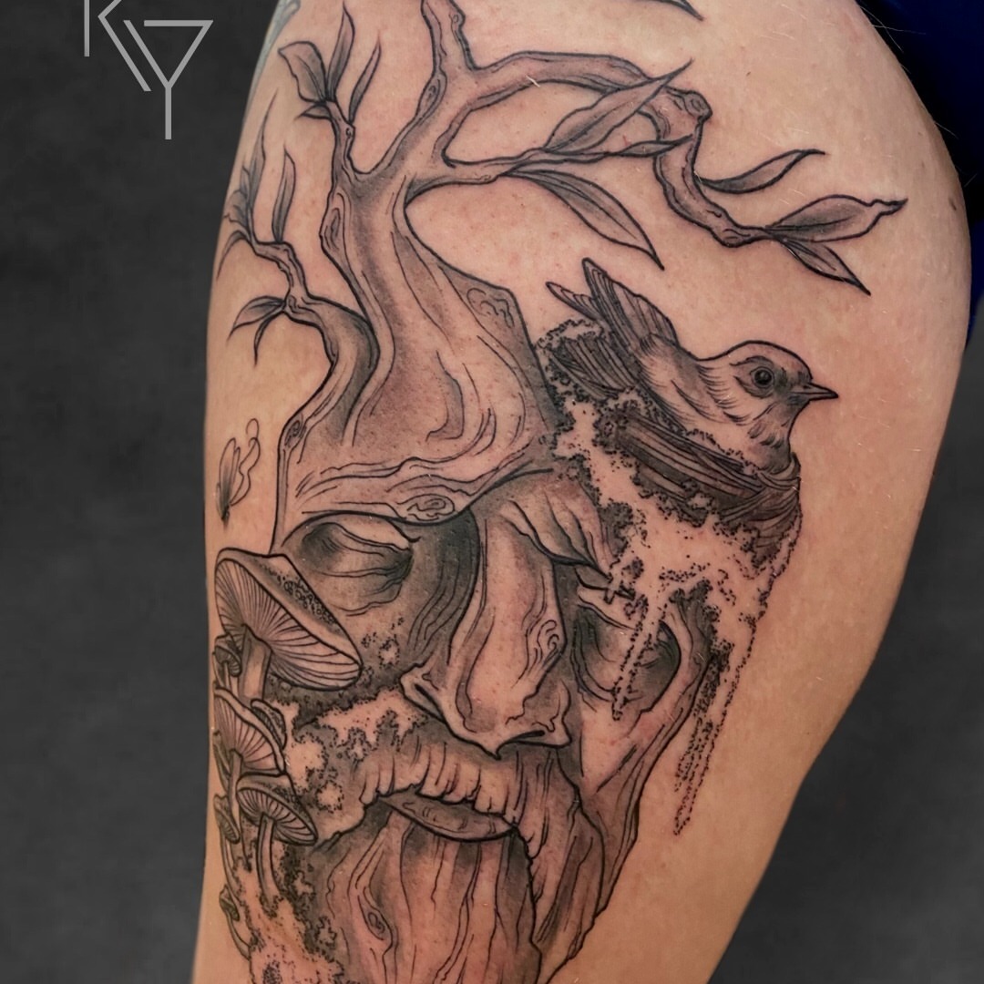 Tree and bird realism tattoo on the thigh by ..✨ K I R S T y y O R K ✨..