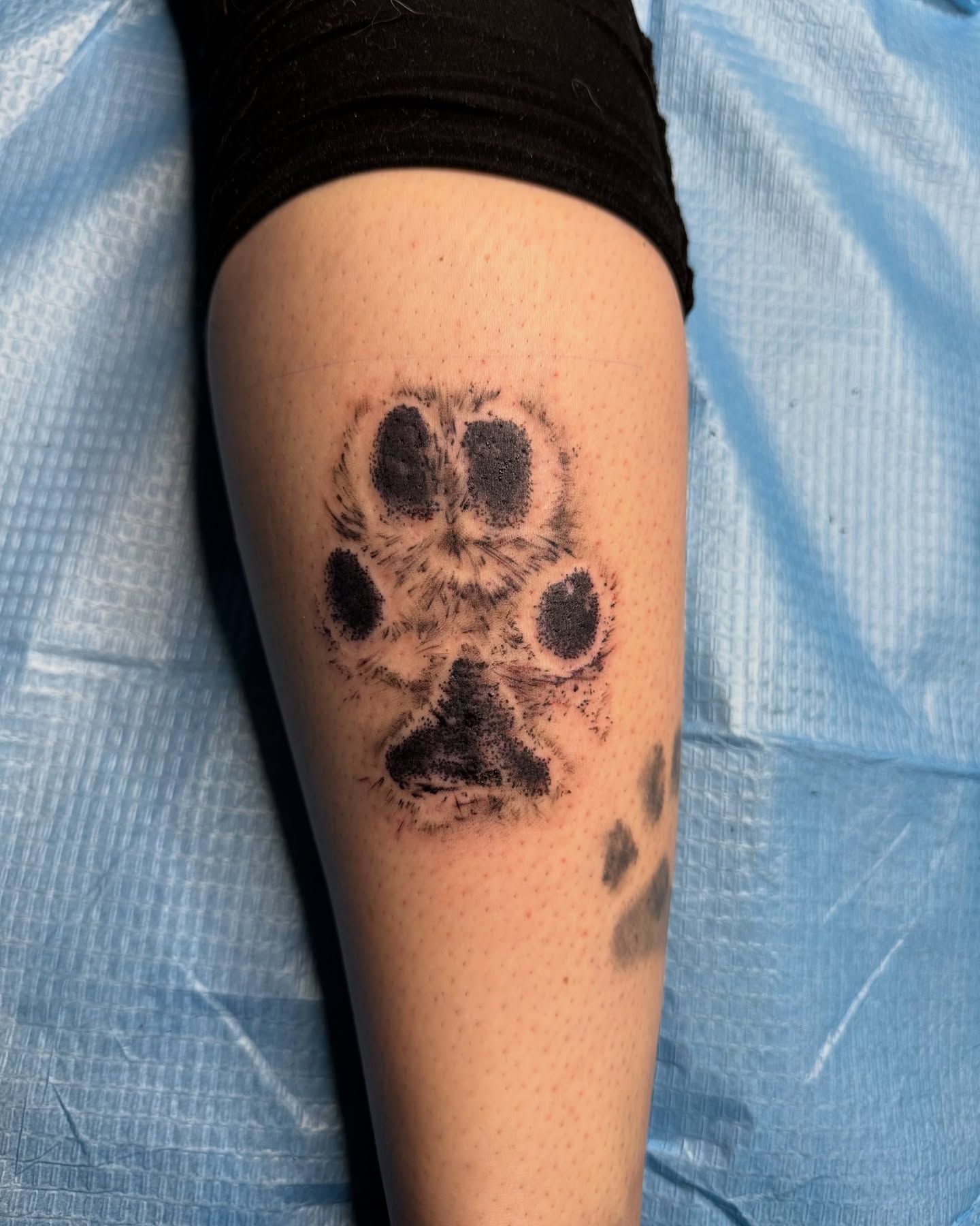 Dog paw print dotwork tattoo on the thigh by Steve Gentile Tattoos
