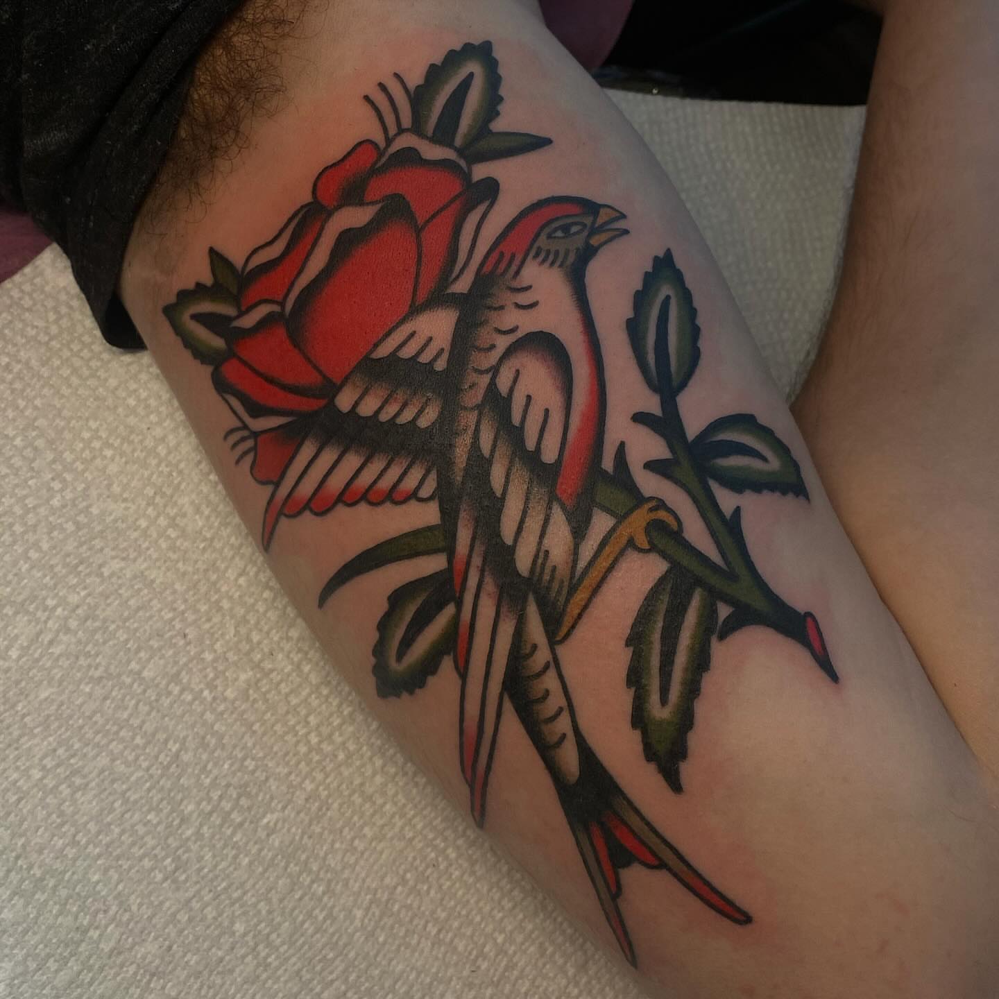 Bird and rose American traditional tattoo on the forearm by Erin Chambers