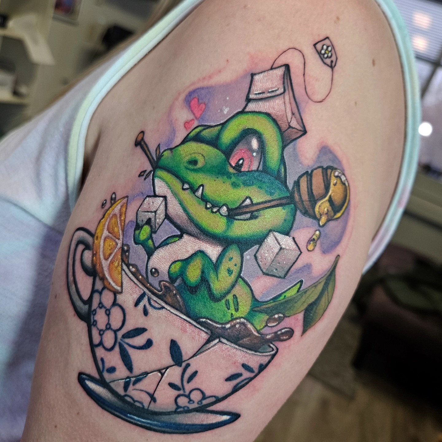 Alligator new school tattoo on the shoulder by Angell Tattoo Artist, Denver, Colorado