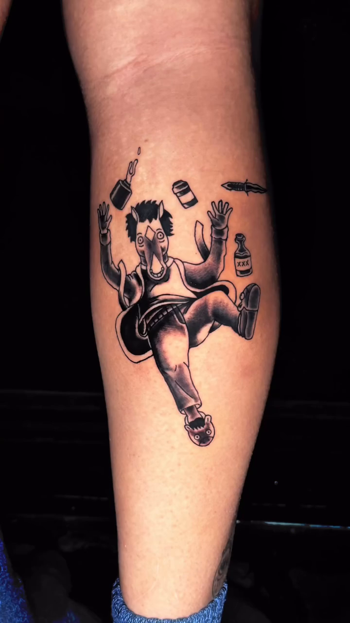 Juggling bartender tattoo on the leg by David