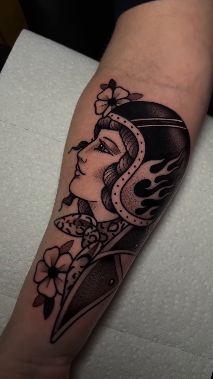Woman with snake neo-traditional tattoo by Bell Bolton