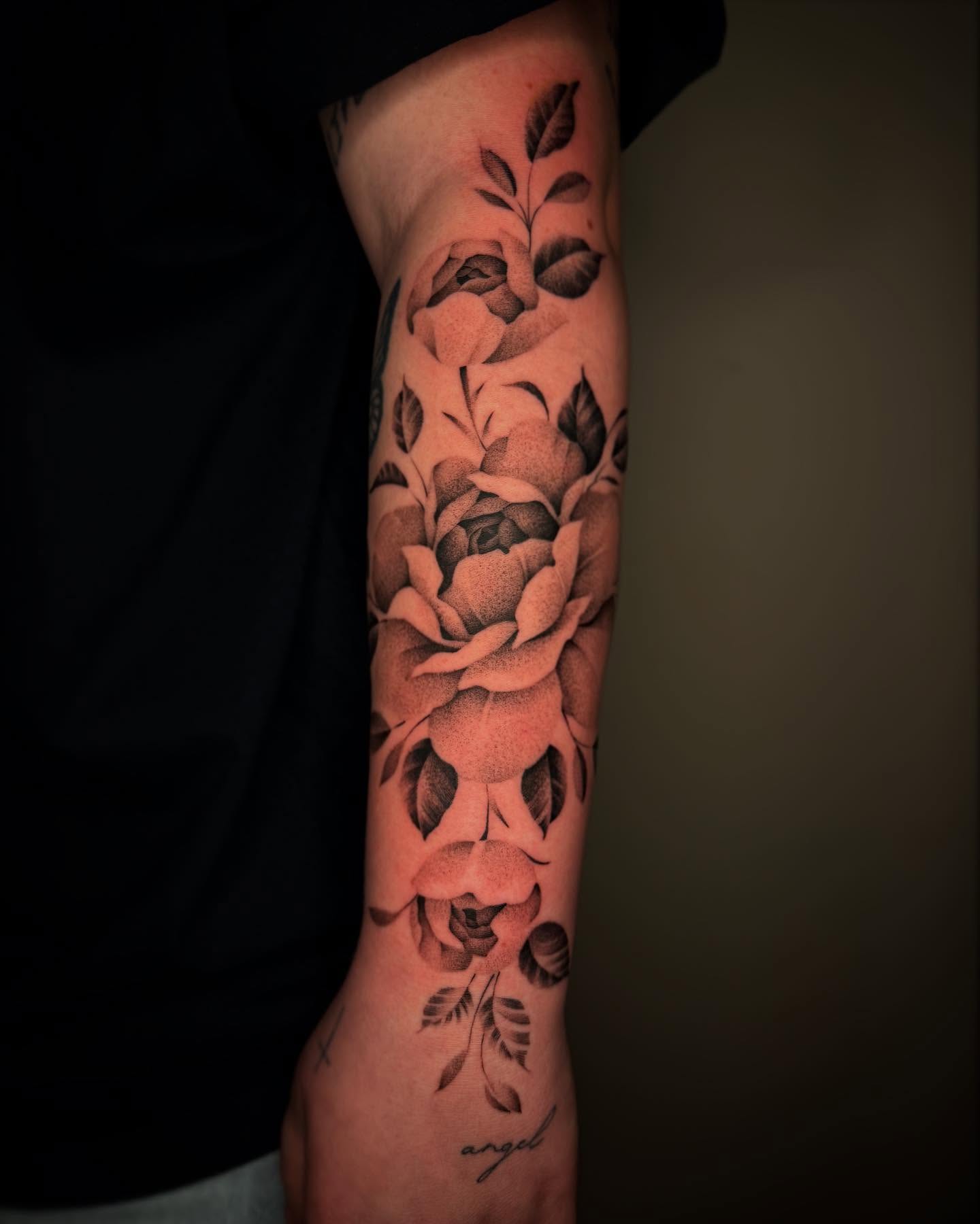 Roses dotwork tattoo on the forearm by Jacob Deirfield, Circleville, Ohio