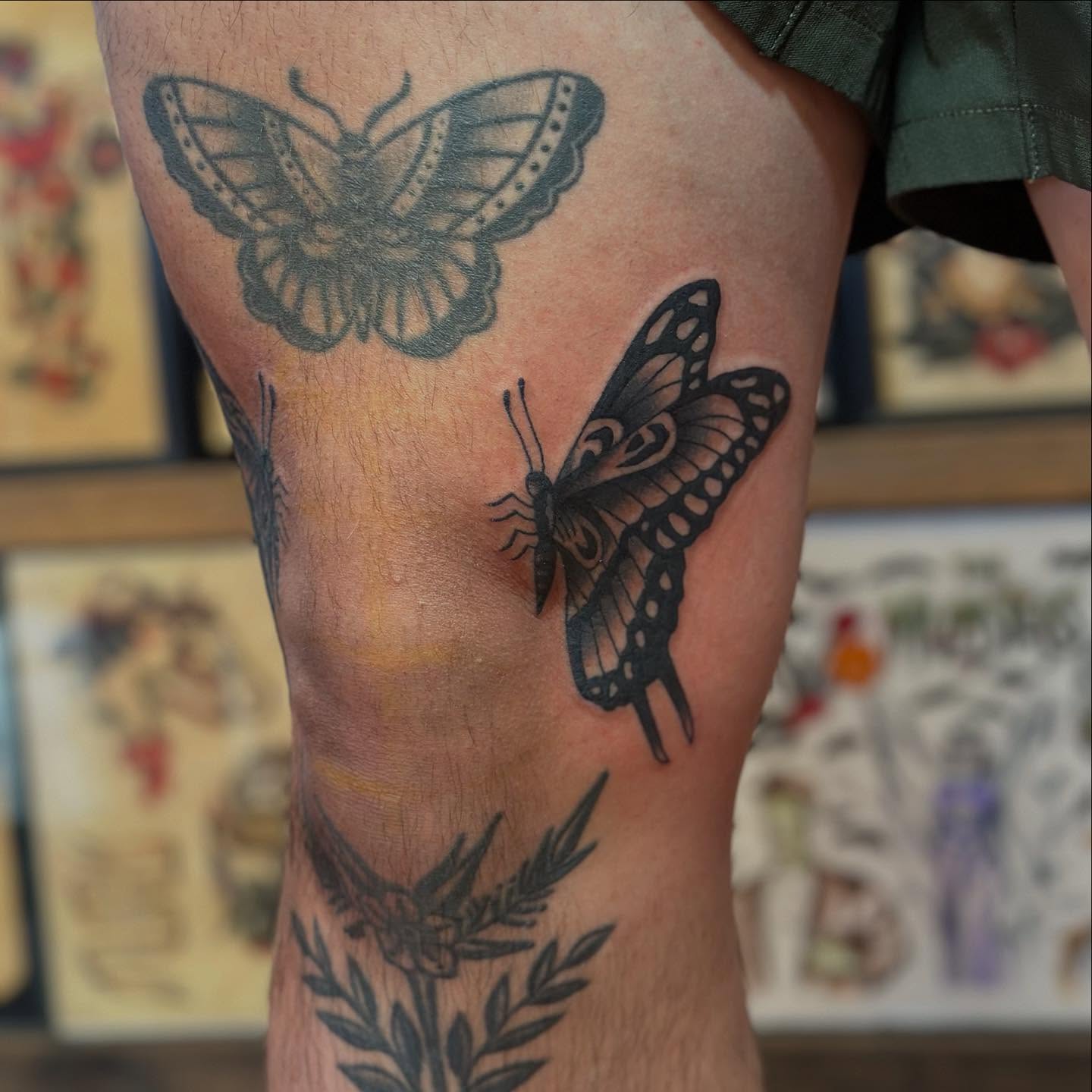 Butterflies black and grey tattoo on the forearm by @ryleecoyote, New York, New York