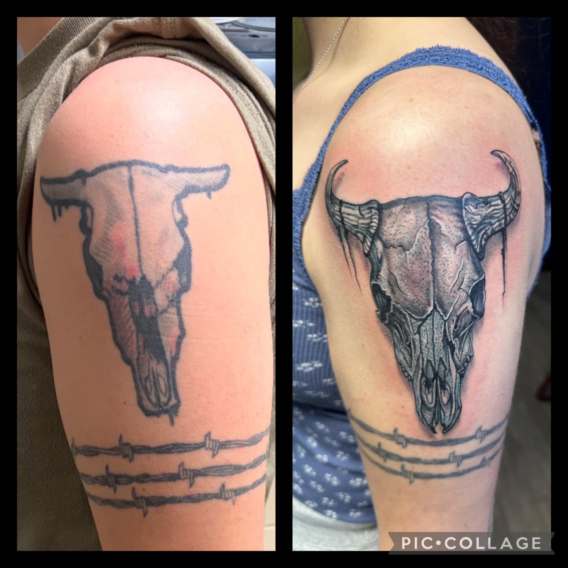Cow skull black and grey tattoo on the shoulder by Nathan Froehlich