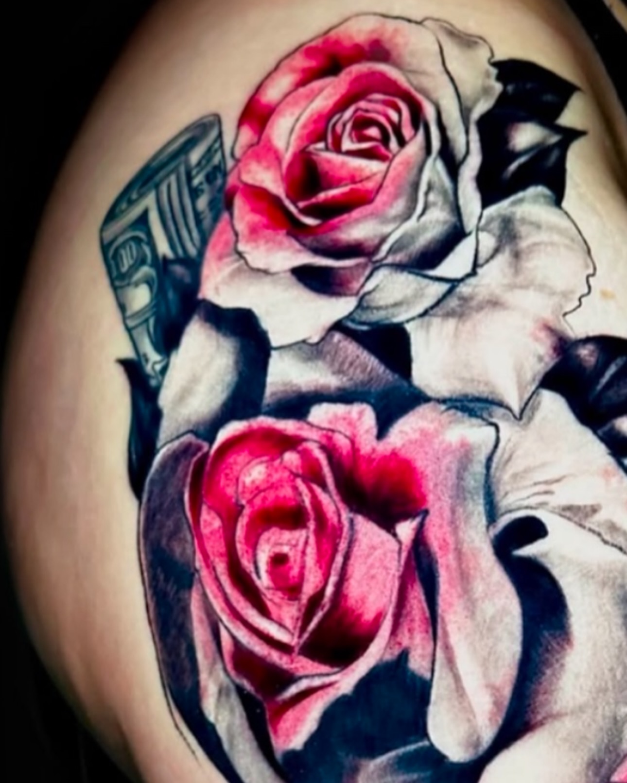 Roses realism tattoo on the shoulder by Davone Joyner, Richmond, Virginia