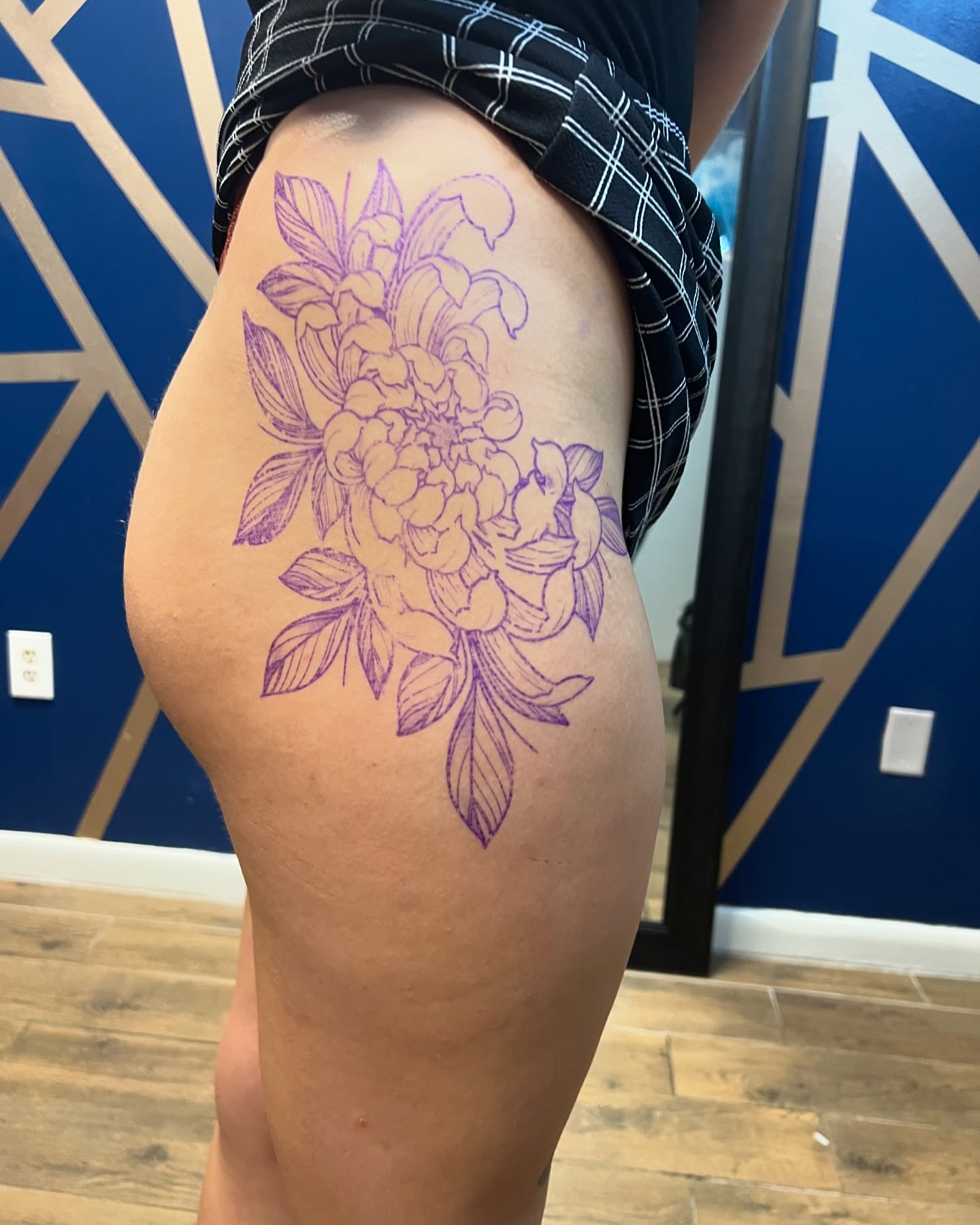 Floral bouquet fine line tattoo on the thigh by ✨Cyerra Lynne✨