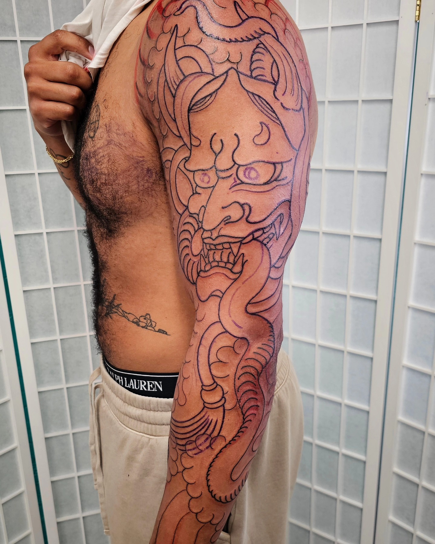 Demon face japanese irezumi tattoo on the thigh by Avelourd Legaspi