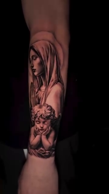 Virgin Mary and cherub realism tattoo by Kaleb Trujillo